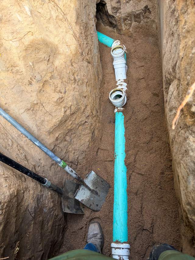 Sewer line connection with fresh green pipe